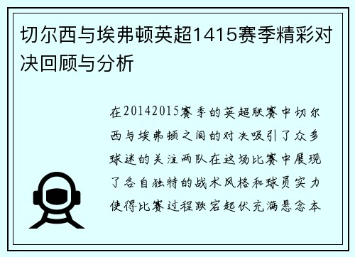 切尔西与埃弗顿英超1415赛季精彩对决回顾与分析